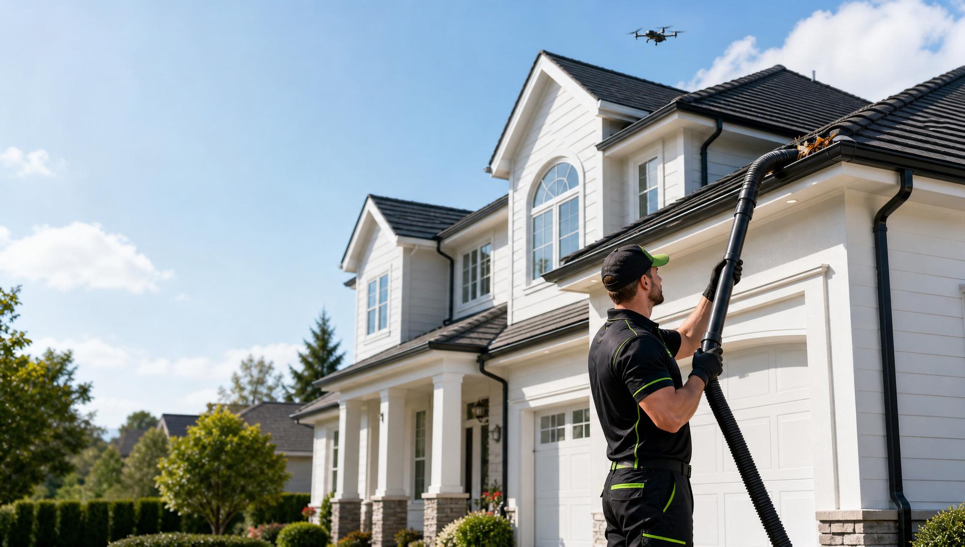 Residential home with a gutter vacuum hose reaching from the ground and a drone inspecting the roofline